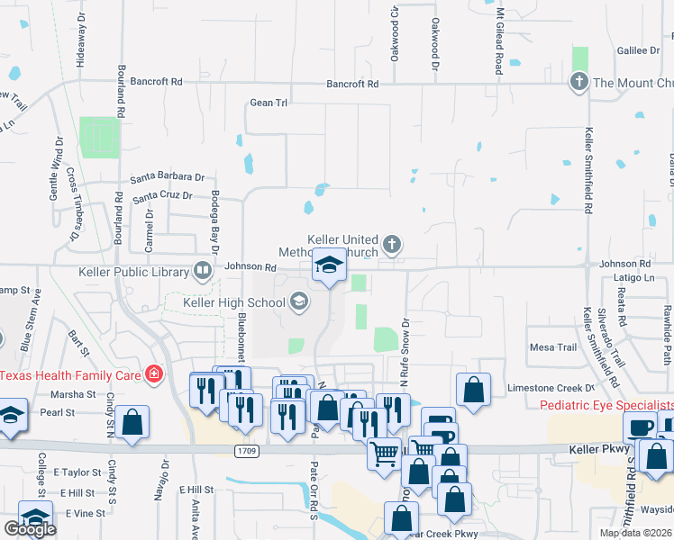 map of restaurants, bars, coffee shops, grocery stores, and more near 699 Pate Orr Road North in Keller