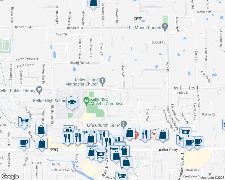 map of restaurants, bars, coffee shops, grocery stores, and more near Johnson Road in Keller