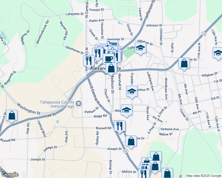 map of restaurants, bars, coffee shops, grocery stores, and more near 326 Madison Street in Alexander City