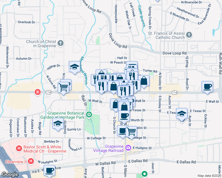 map of restaurants, bars, coffee shops, grocery stores, and more near 312 West Northwest Highway in Grapevine