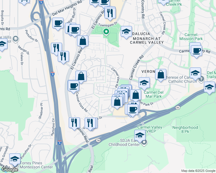 map of restaurants, bars, coffee shops, grocery stores, and more near 3720 Caminito Cielo Del Mar in San Diego