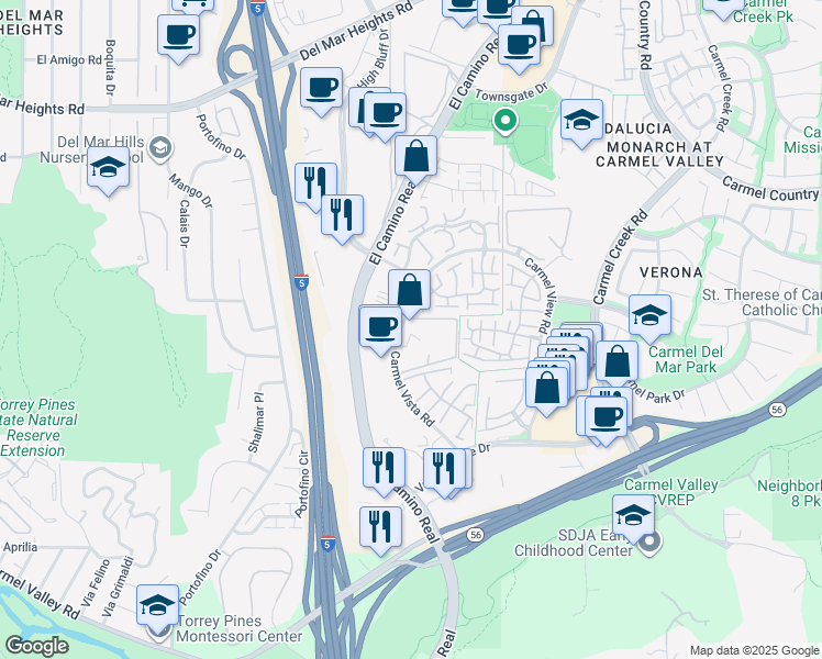 map of restaurants, bars, coffee shops, grocery stores, and more near 12291 Carmel Vista Road in San Diego