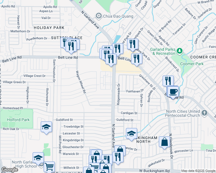 map of restaurants, bars, coffee shops, grocery stores, and more near 2745 North Garland Avenue in Garland