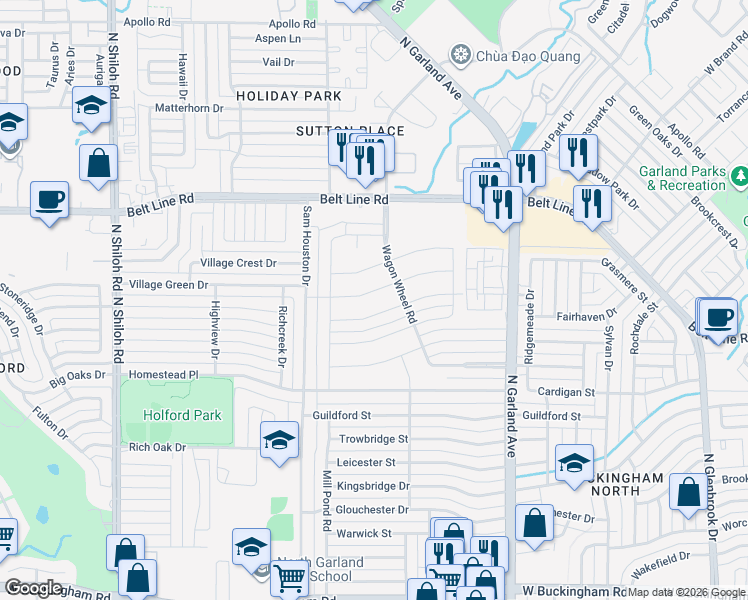 map of restaurants, bars, coffee shops, grocery stores, and more near 1718 Plantation Road in Garland