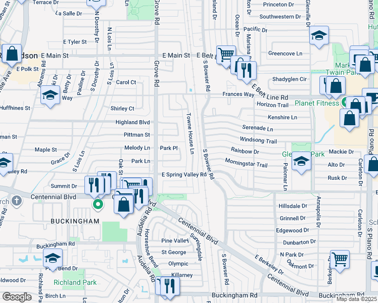 map of restaurants, bars, coffee shops, grocery stores, and more near 520 Towne House Lane in Richardson
