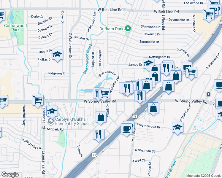 map of restaurants, bars, coffee shops, grocery stores, and more near 916 South Weatherred Drive in Richardson