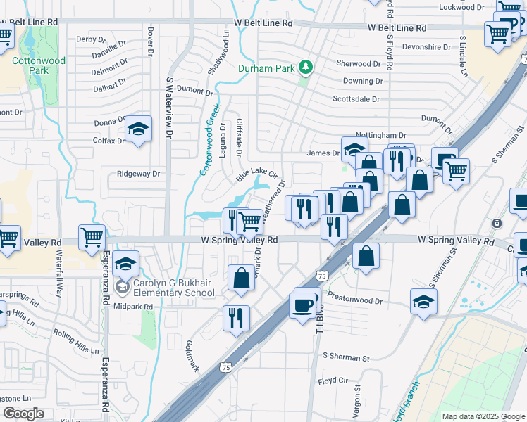 map of restaurants, bars, coffee shops, grocery stores, and more near 916 South Weatherred Drive in Richardson