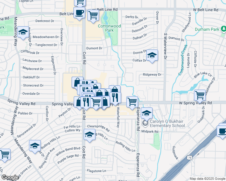 map of restaurants, bars, coffee shops, grocery stores, and more near 936 Allegheny Place in Richardson
