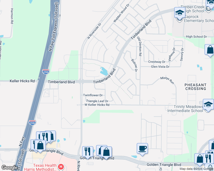 map of restaurants, bars, coffee shops, grocery stores, and more near 11605 Round Leaf Drive in Fort Worth