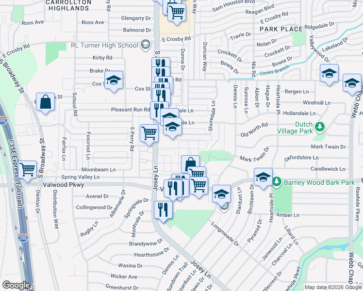 map of restaurants, bars, coffee shops, grocery stores, and more near 2749 Cookscreek Place in Farmers Branch