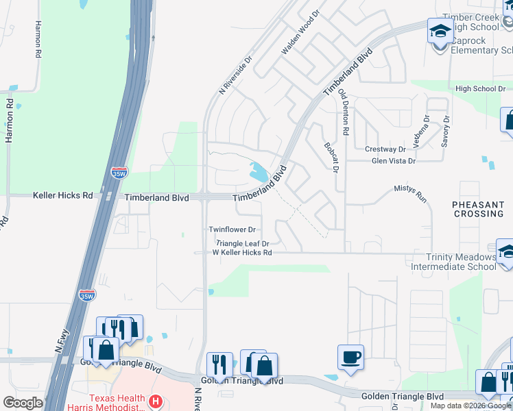 map of restaurants, bars, coffee shops, grocery stores, and more near 11605 Round Leaf Drive in Fort Worth
