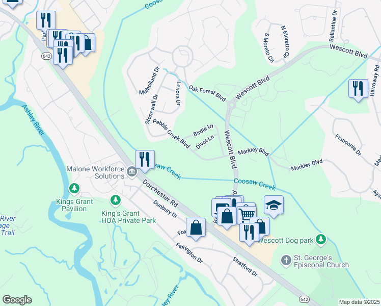 map of restaurants, bars, coffee shops, grocery stores, and more near 9661 Pebble Creek Boulevard in Summerville