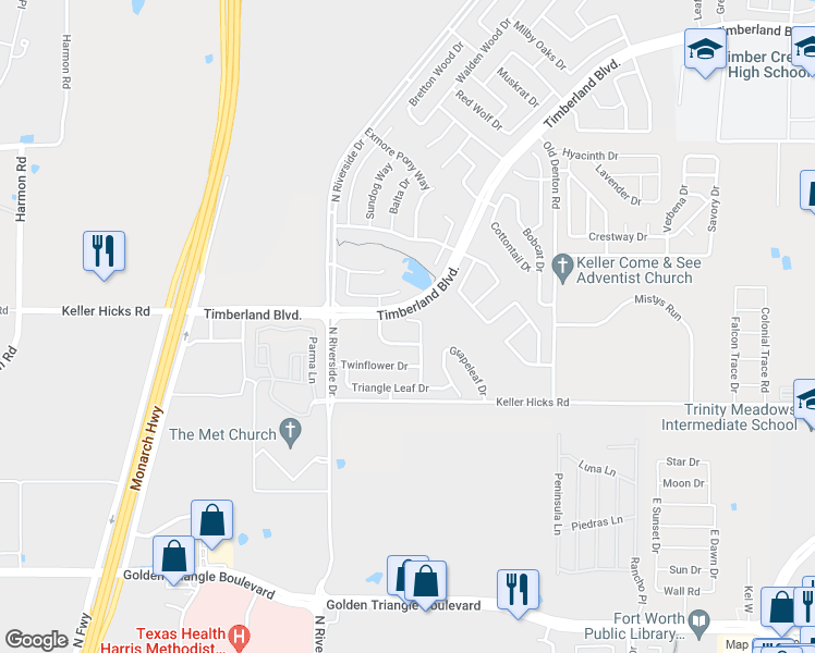 map of restaurants, bars, coffee shops, grocery stores, and more near 11609 Round Leaf Drive in Fort Worth