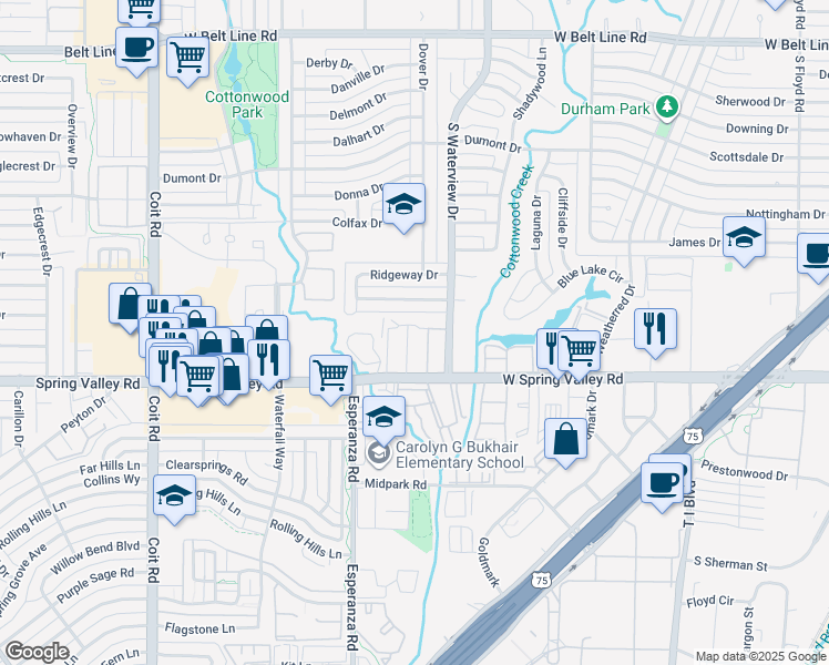 map of restaurants, bars, coffee shops, grocery stores, and more near 911 Spring Valley Plaza in Richardson