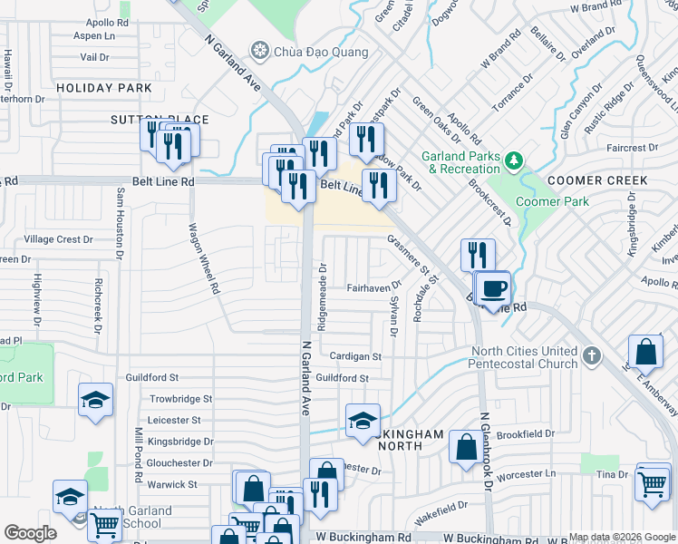 map of restaurants, bars, coffee shops, grocery stores, and more near 2609 Wedgemere Drive in Garland