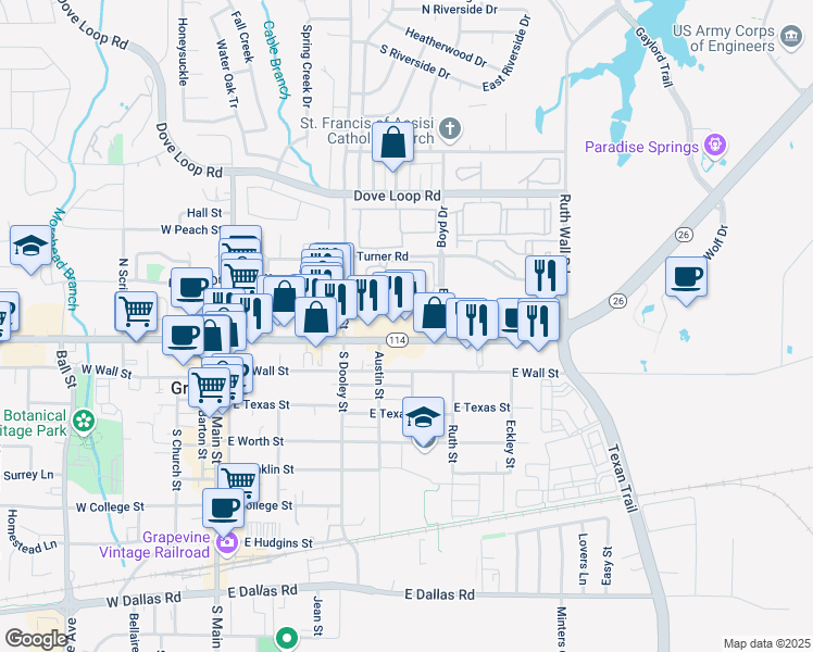 map of restaurants, bars, coffee shops, grocery stores, and more near 721 East Northwest Highway in Grapevine