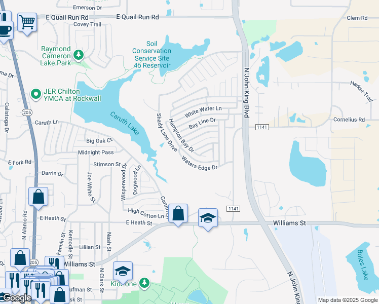 map of restaurants, bars, coffee shops, grocery stores, and more near 1195 Hampton Bay Dr in Rockwall