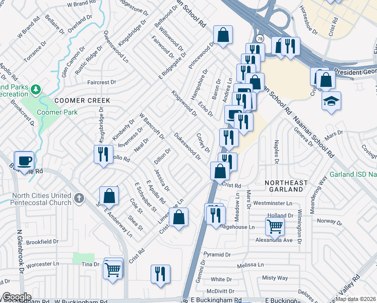 map of restaurants, bars, coffee shops, grocery stores, and more near 2810 Dukeswood Dr in Garland