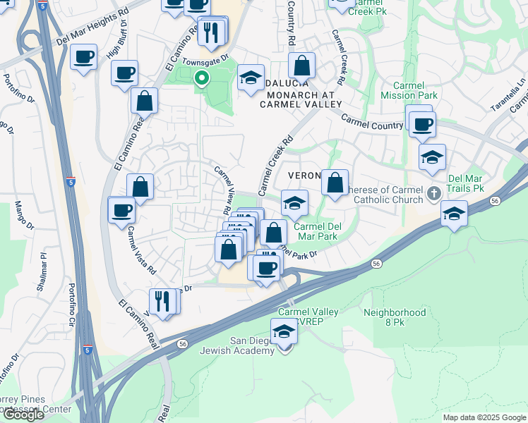map of restaurants, bars, coffee shops, grocery stores, and more near 3915 Del Mar Glen in San Diego