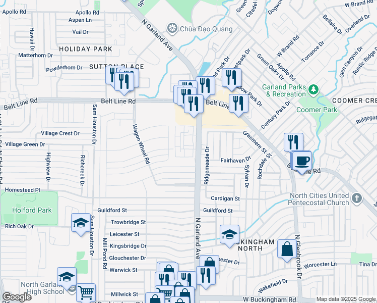 map of restaurants, bars, coffee shops, grocery stores, and more near 2735 North Garland Avenue in Garland