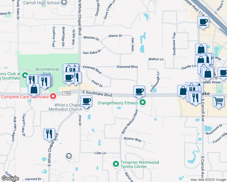 map of restaurants, bars, coffee shops, grocery stores, and more near 821 Pearl Drive in Southlake