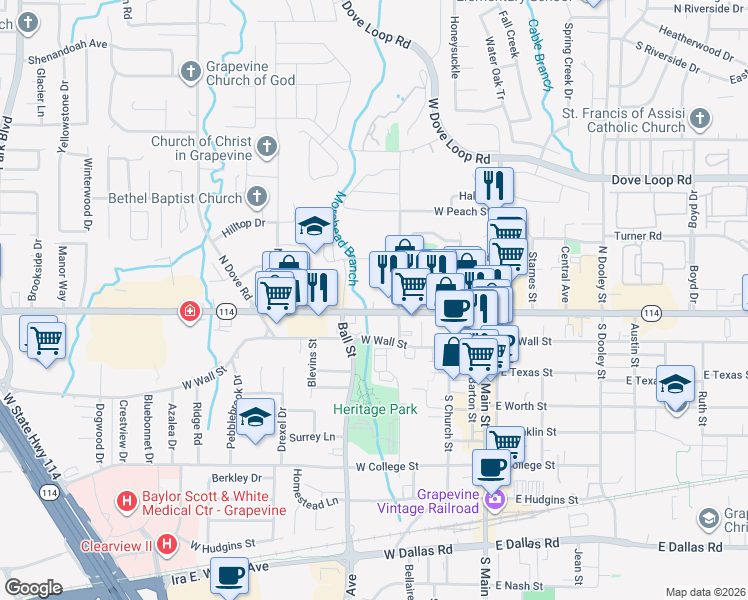 map of restaurants, bars, coffee shops, grocery stores, and more near 750 West Northwest Highway in Grapevine