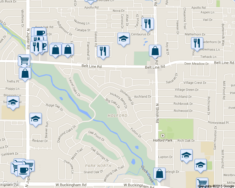 map of restaurants, bars, coffee shops, grocery stores, and more near 2805 Hickory Bend Drive in Garland
