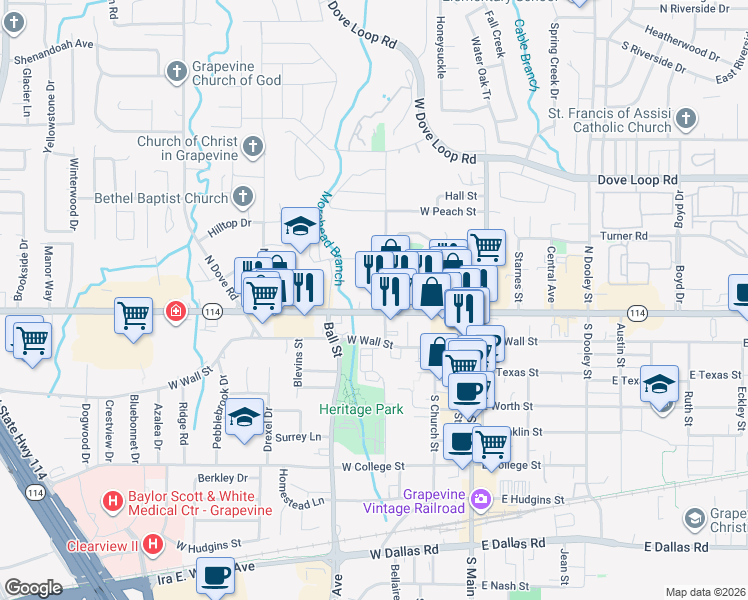 map of restaurants, bars, coffee shops, grocery stores, and more near 750 West Northwest Highway in Grapevine