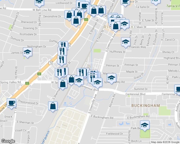 map of restaurants, bars, coffee shops, grocery stores, and more near 181 East Spring Valley Road in Richardson