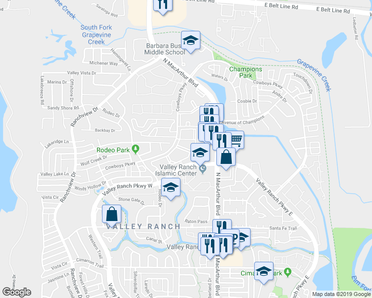 map of restaurants, bars, coffee shops, grocery stores, and more near 9835 ⛉ ⛉ Valley Ranch Parkway West in Irving