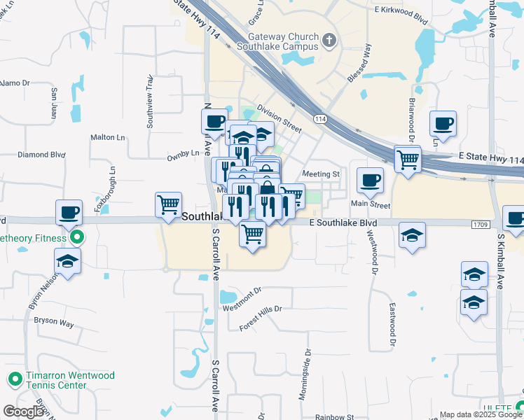 map of restaurants, bars, coffee shops, grocery stores, and more near 238 Grand Avenue in Southlake