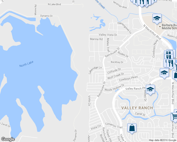 map of restaurants, bars, coffee shops, grocery stores, and more near 9901 Lakeridge Court in Irving