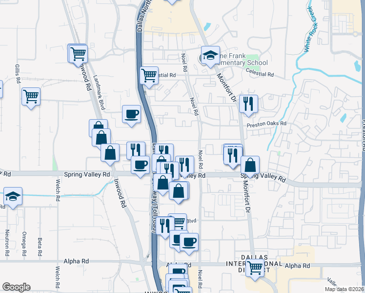 map of restaurants, bars, coffee shops, grocery stores, and more near 14181 Noel Road in Dallas