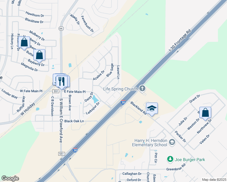 map of restaurants, bars, coffee shops, grocery stores, and more near 520 Laurel Lane in Rockwall