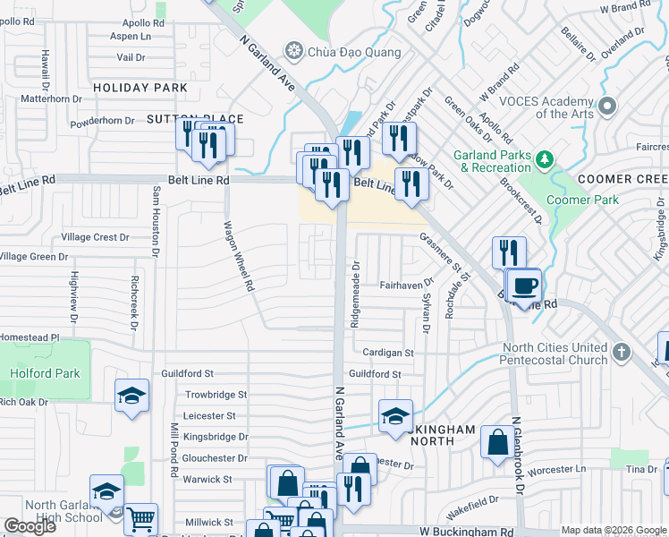 map of restaurants, bars, coffee shops, grocery stores, and more near 2621 Ridgemeade Drive in Garland