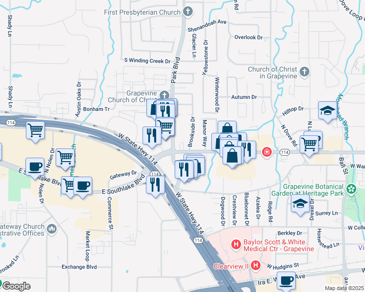 map of restaurants, bars, coffee shops, grocery stores, and more near 101 Brookside Drive in Grapevine