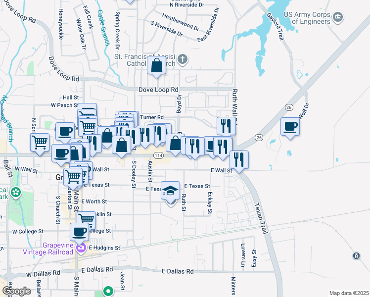 map of restaurants, bars, coffee shops, grocery stores, and more near 751 East Northwest Highway in Grapevine