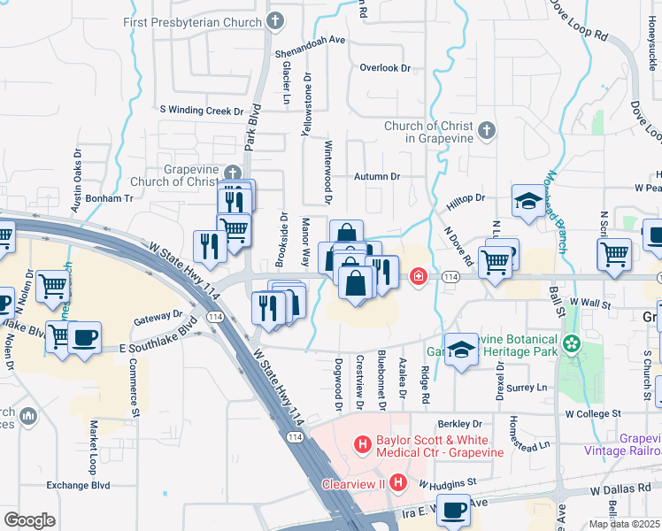 map of restaurants, bars, coffee shops, grocery stores, and more near 1650 West Northwest Highway in Grapevine