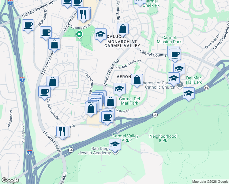 map of restaurants, bars, coffee shops, grocery stores, and more near 3992 Del Mar Glen in San Diego