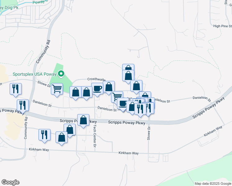 map of restaurants, bars, coffee shops, grocery stores, and more near 13715 Stowe Drive in Poway