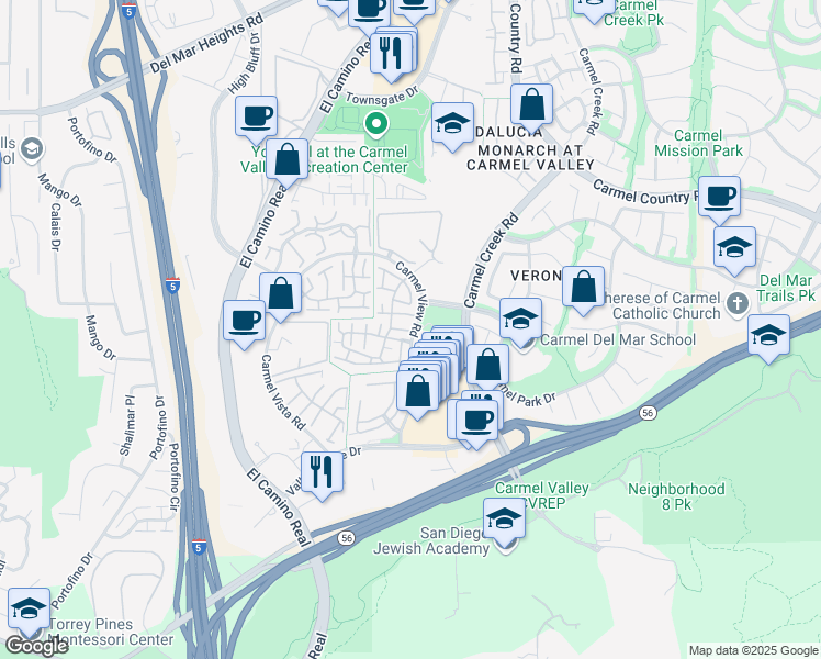 map of restaurants, bars, coffee shops, grocery stores, and more near 3776 Carmel View Road in San Diego