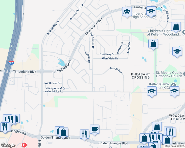 map of restaurants, bars, coffee shops, grocery stores, and more near 9983 Old Denton Road in Fort Worth