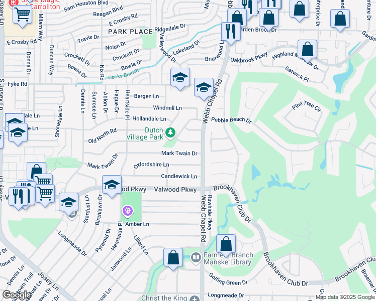 map of restaurants, bars, coffee shops, grocery stores, and more near 3047 Mark Twain Drive in Farmers Branch