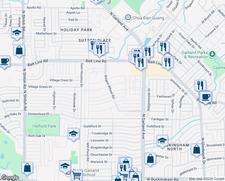 map of restaurants, bars, coffee shops, grocery stores, and more near 1625 Indian School Road in Garland