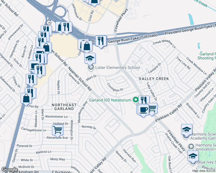map of restaurants, bars, coffee shops, grocery stores, and more near 2725 Covington Dr in Garland