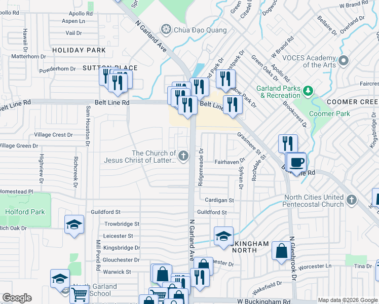 map of restaurants, bars, coffee shops, grocery stores, and more near 2621 Ridgemeade Drive in Garland