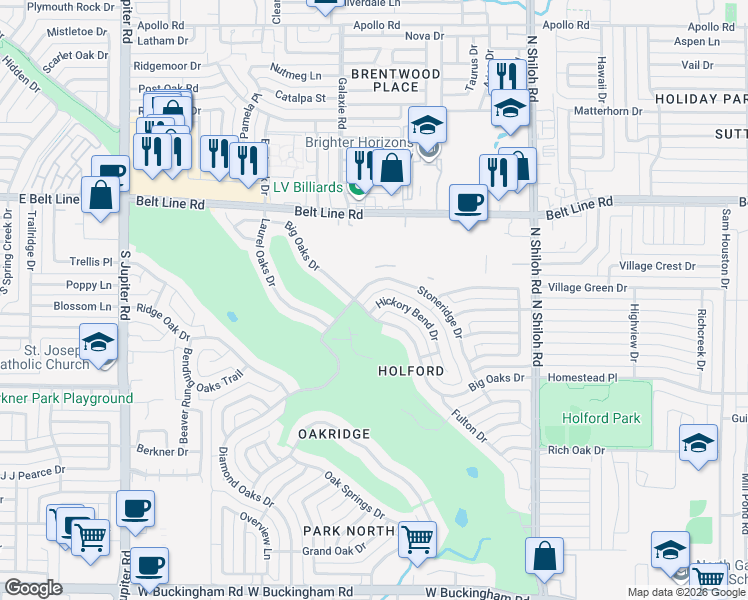 map of restaurants, bars, coffee shops, grocery stores, and more near 2827 Hickory Bend Drive in Garland