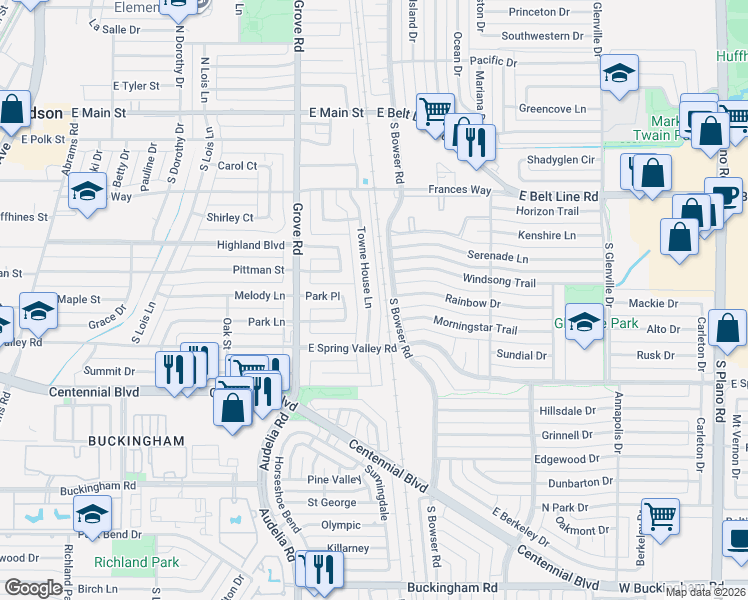 map of restaurants, bars, coffee shops, grocery stores, and more near 520 Towne House Lane in Richardson