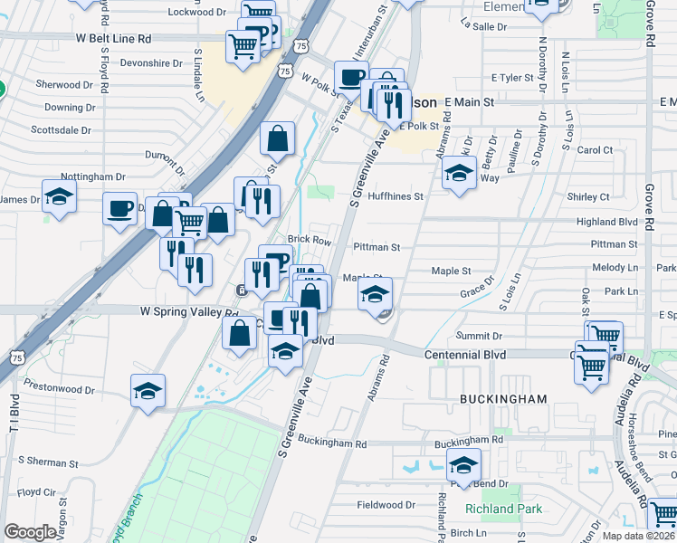 map of restaurants, bars, coffee shops, grocery stores, and more near 610 South Greenville Avenue in Richardson