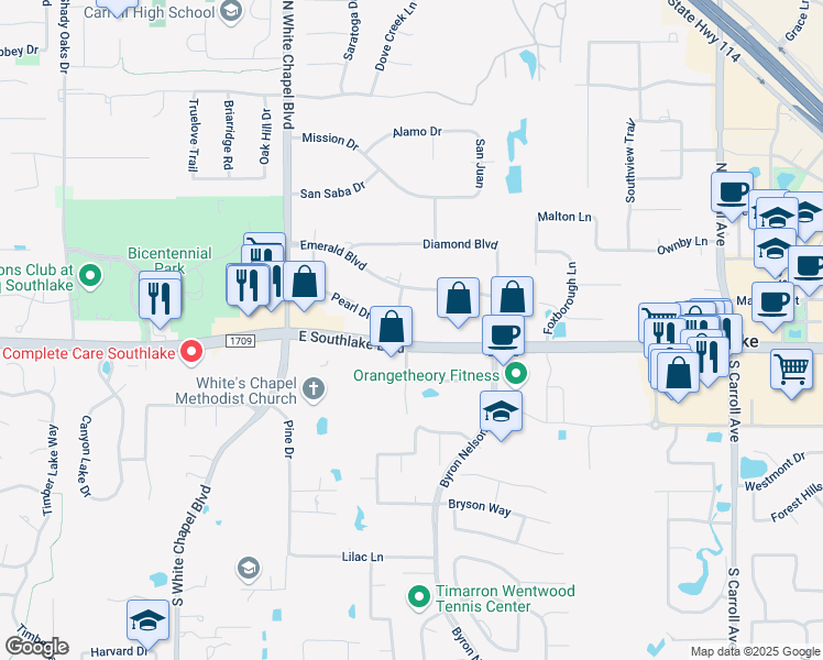 map of restaurants, bars, coffee shops, grocery stores, and more near 821 Pearl Drive in Southlake
